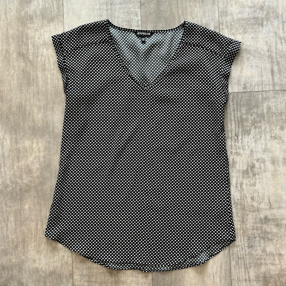 Express black and white polkadot blouse
